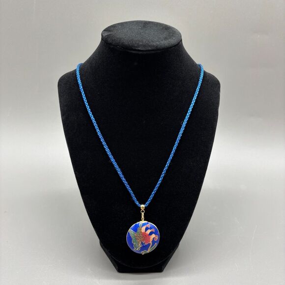 Vintage Cloisonne Enamel Butterfly Lily Pendant Necklace Blue Double Sided 24" - Picture 2 of 9